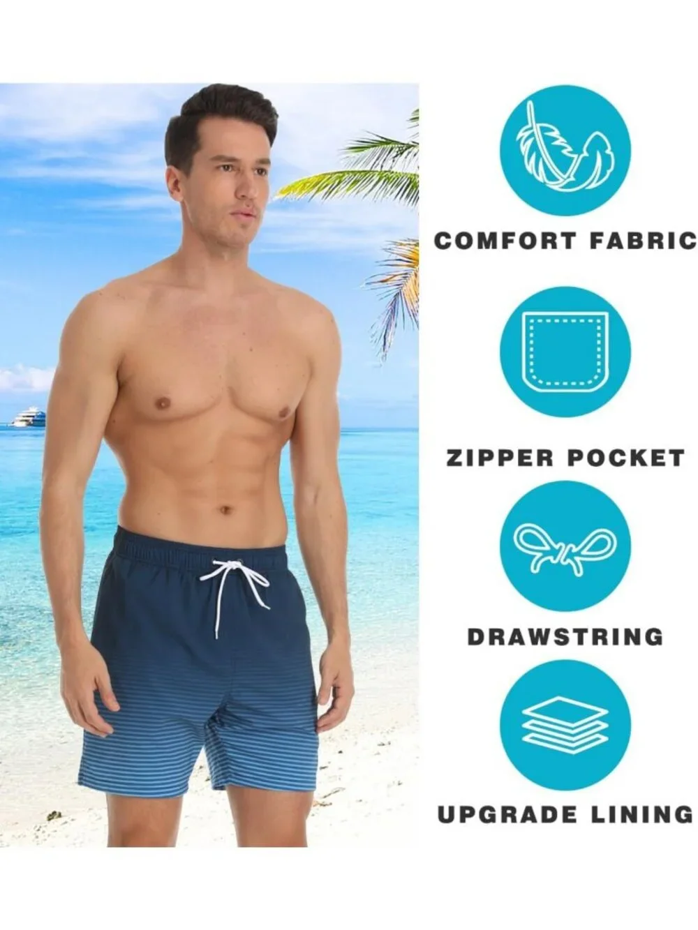 Men's Quick-Dry Swim Trunks with Compression Liner & Zipper Pocket - Above Knee